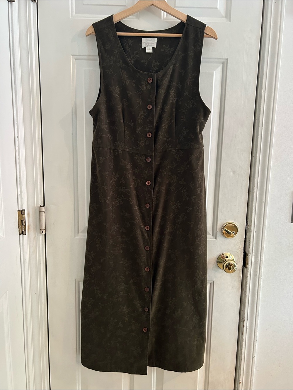 Button-Front Sleeveless Cottagecore Dress in Browns and Olive - Picture 3 of 4
